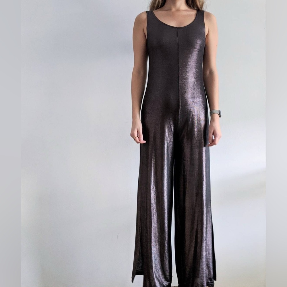 Elli White Vintage 70 Inspired Metallic Gunmetal Flared Leg Jumpsuit Disco Queen